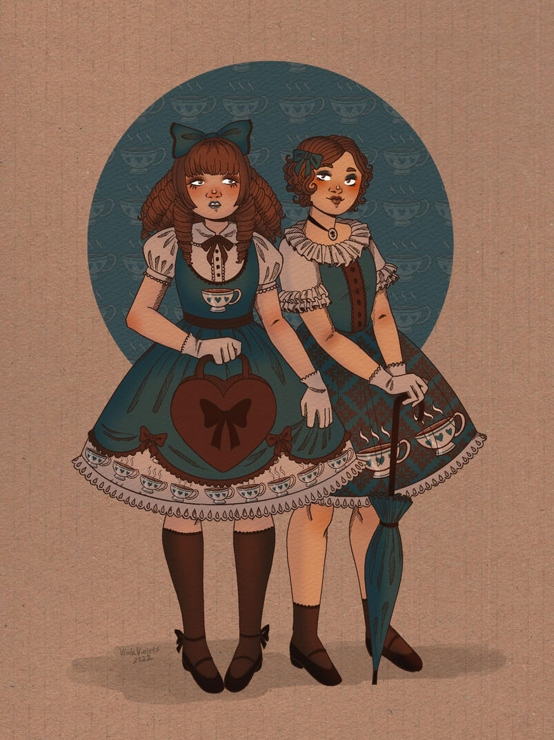 Two women dressed in EGL Lolita fashion patterned with coffee Two women dressed in EGL Lolita fashion patterned with coffee